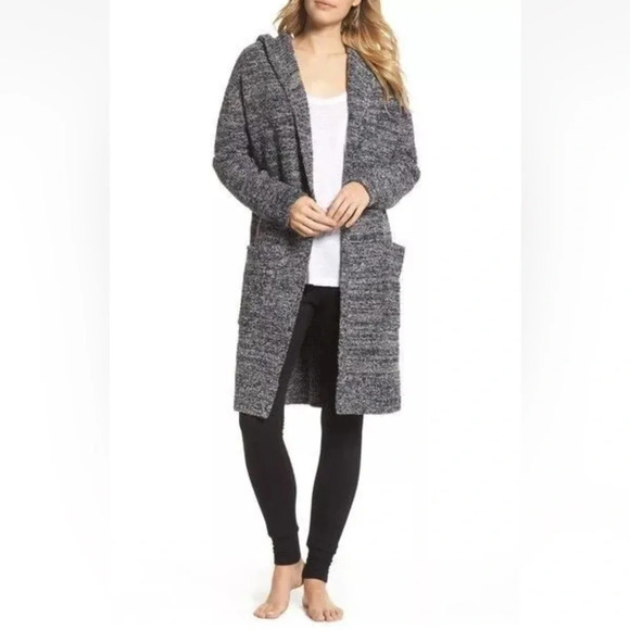 Barefoot Dreams CozyChic Med Marled Black White Oversized Hooded Long Cardigan - Picture 1 of 10